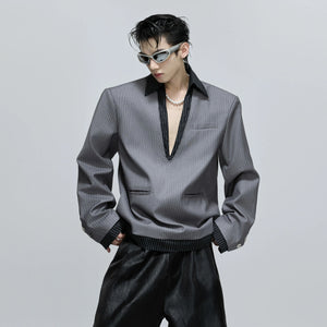 Oversized black striped faux two-piece blazer with padded shoulders
