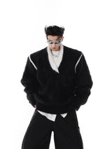 oversized-v-neck-faux-mink-fur-sweater-contrast-knit-black