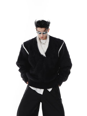 oversized-v-neck-faux-mink-fur-sweater-contrast-knit-black