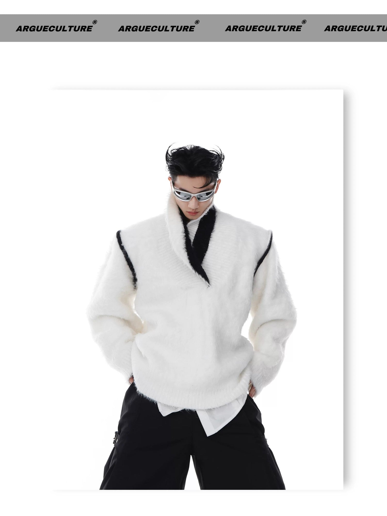 desc::oversized-v-neck-faux-mink-fur-sweater-contrast-knit-detail-img-2