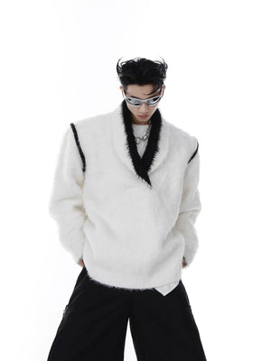 Front view of oversized V-neck faux mink fur sweater in white