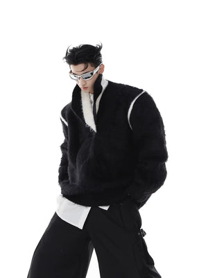 Model wearing a baggy streetwear faux fur sweater in a city setting