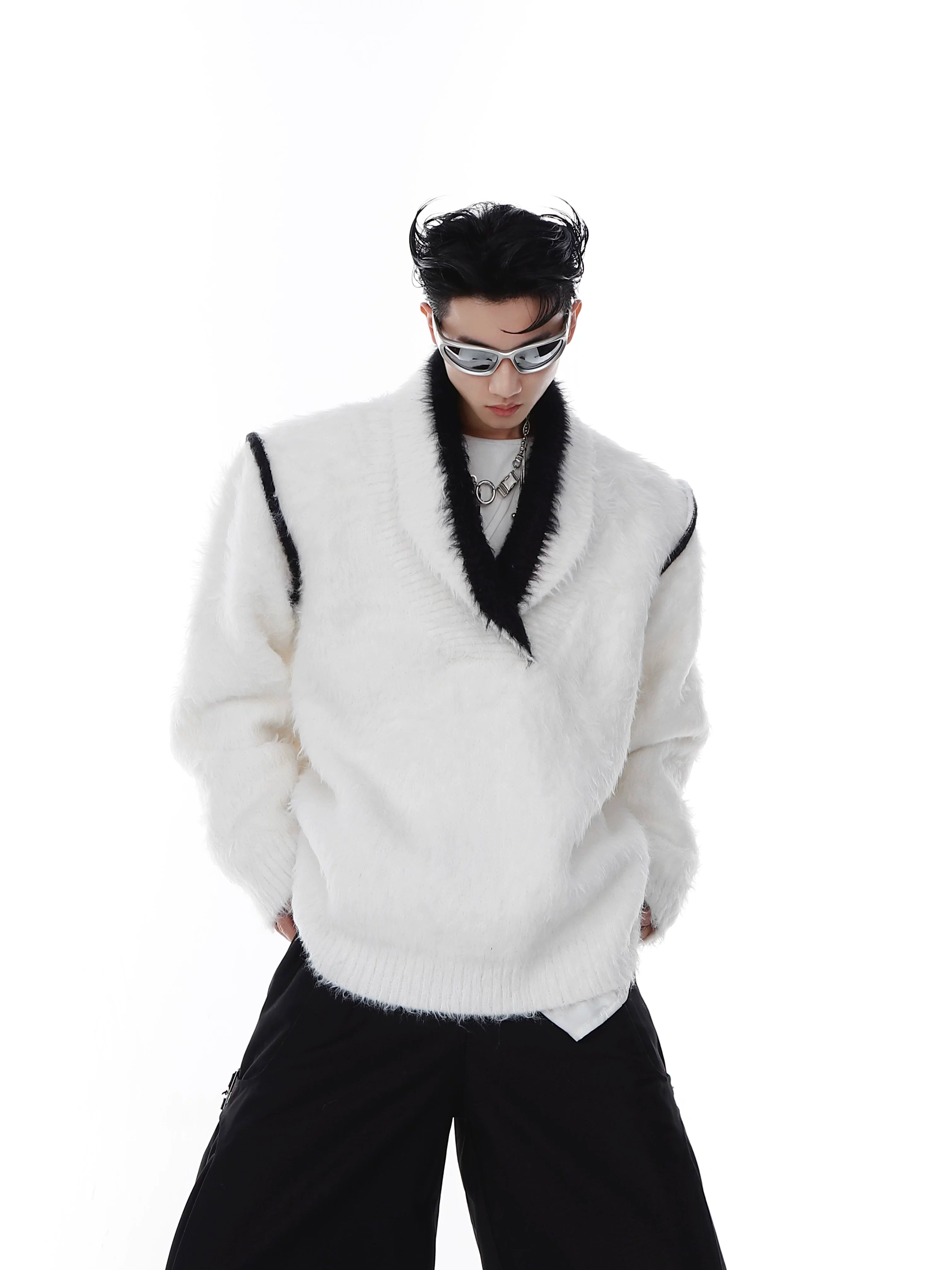 oversized-v-neck-faux-mink-fur-sweater-contrast-knit-white