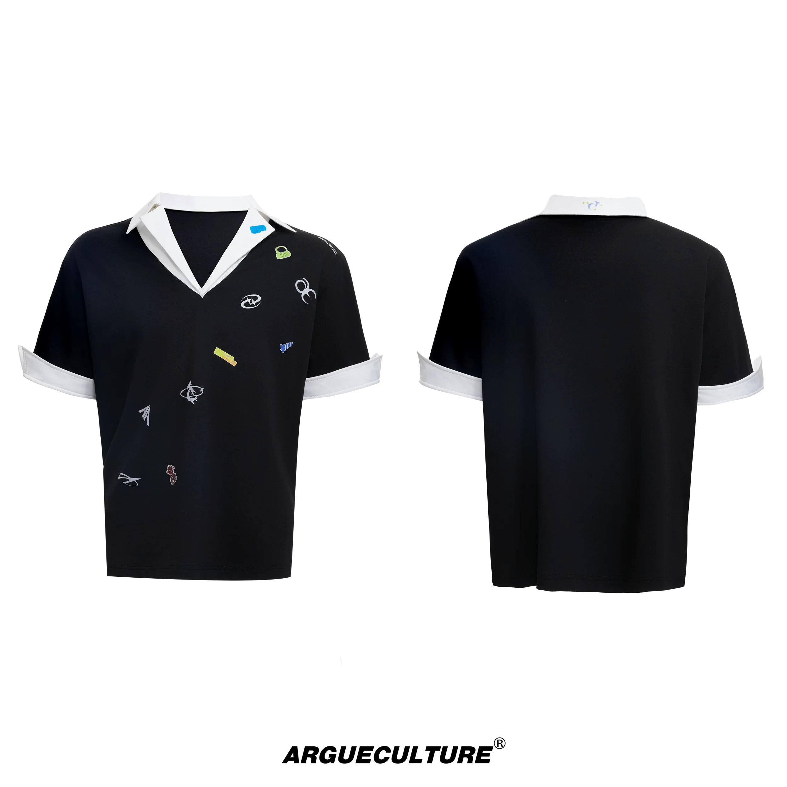 oversized-v-neck-faux-two-piece-graphic-sticker-polo-tee-black