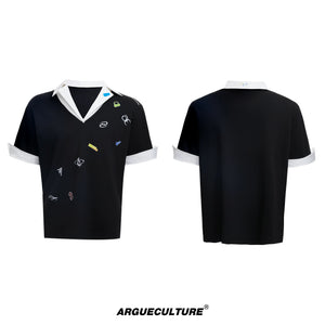 oversized-v-neck-faux-two-piece-graphic-sticker-polo-tee-black