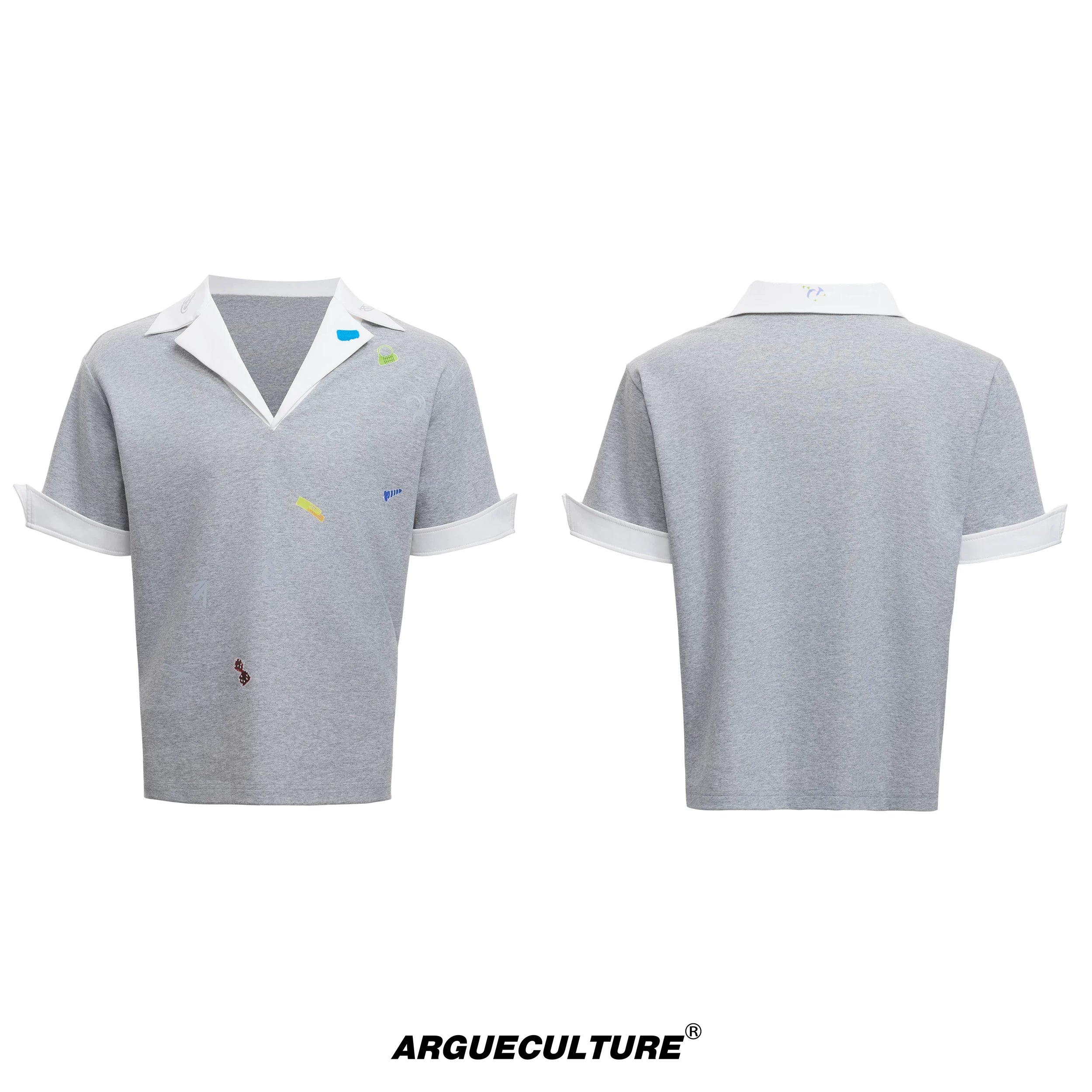 oversized-v-neck-faux-two-piece-graphic-sticker-polo-tee-gray