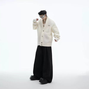 Black heavyweight knit cardigan in a classic streetwear silhouette