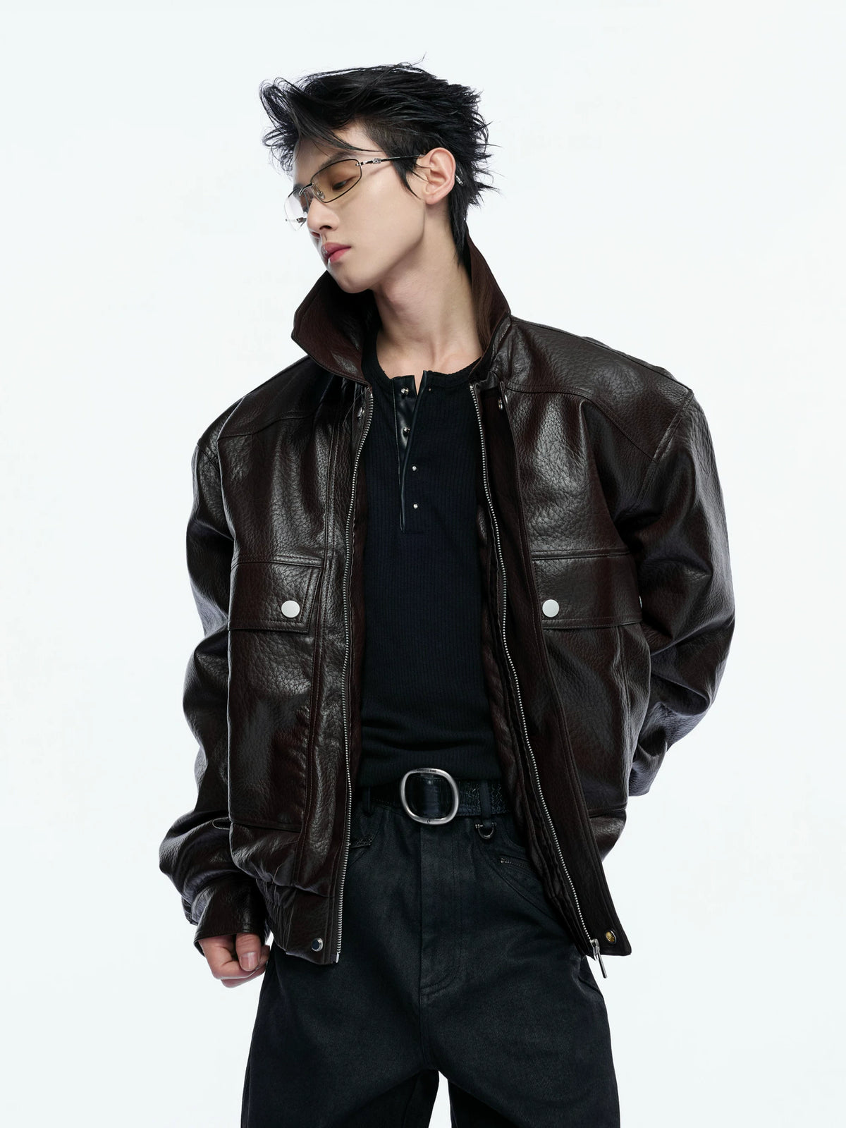 Padded Faux Leather Cargo Jacket with Textured Grain - main image 2