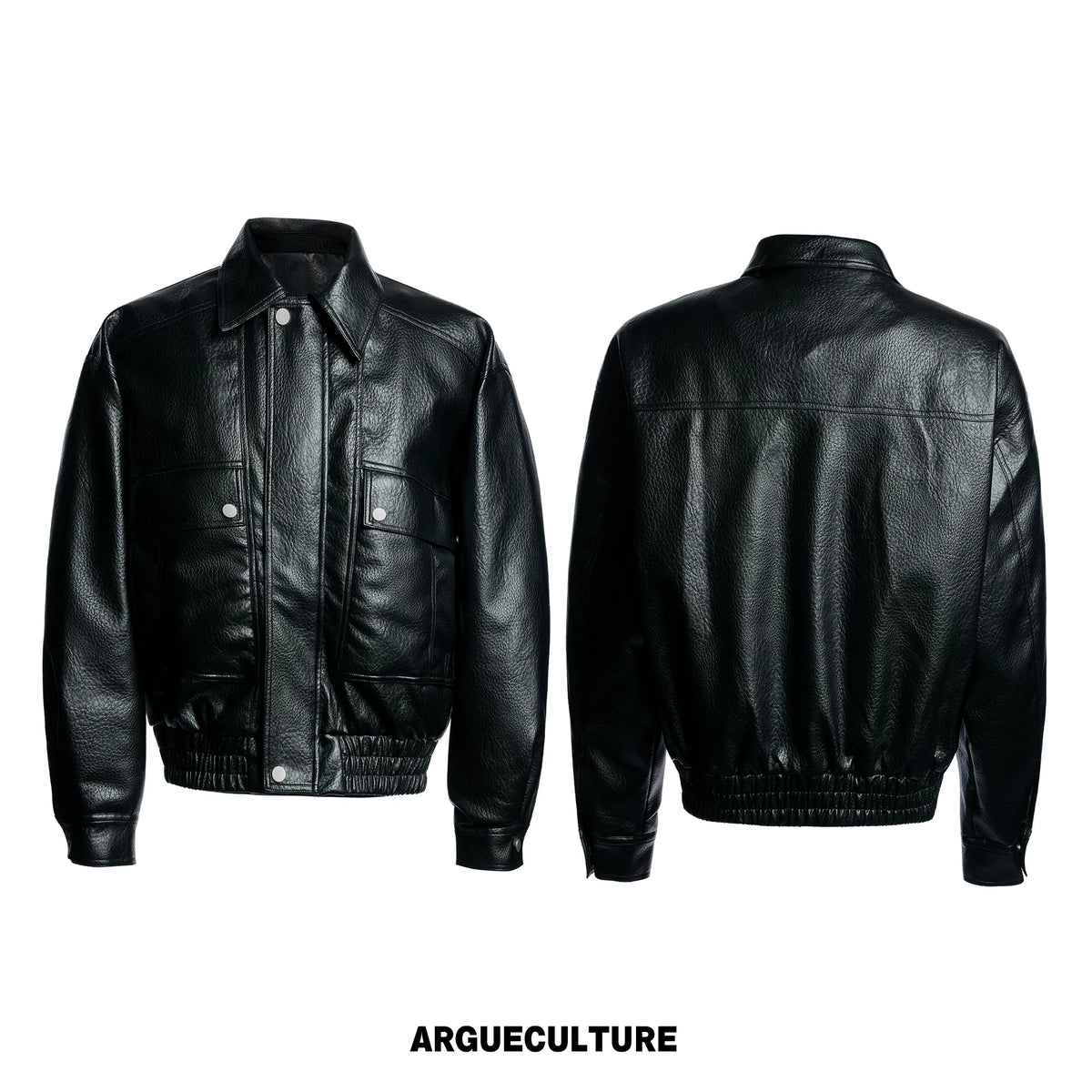 Padded Faux Leather Cargo Jacket with Textured Grain - Black