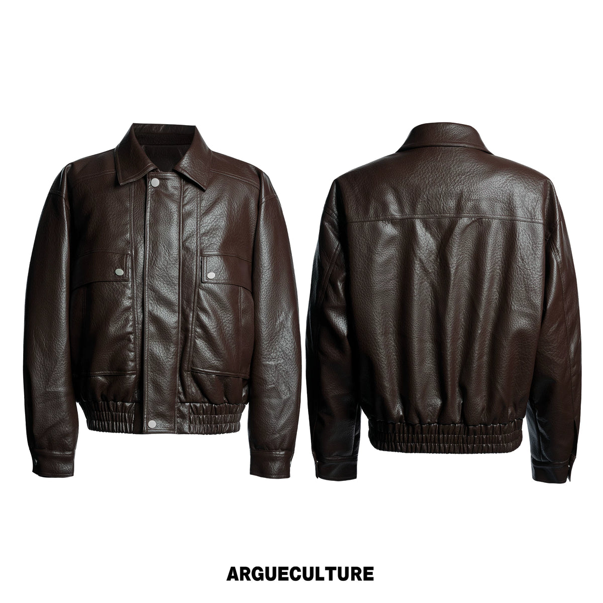 Padded Faux Leather Cargo Jacket with Textured Grain - Brown