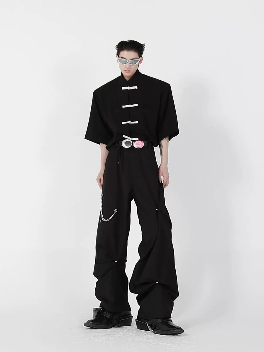 Back view of loose fit minimalist Chinese style short sleeve shirt