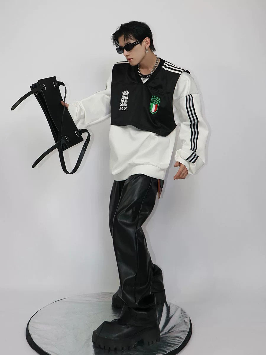 Back view of the relaxed drop shoulder patchwork sweatshirt