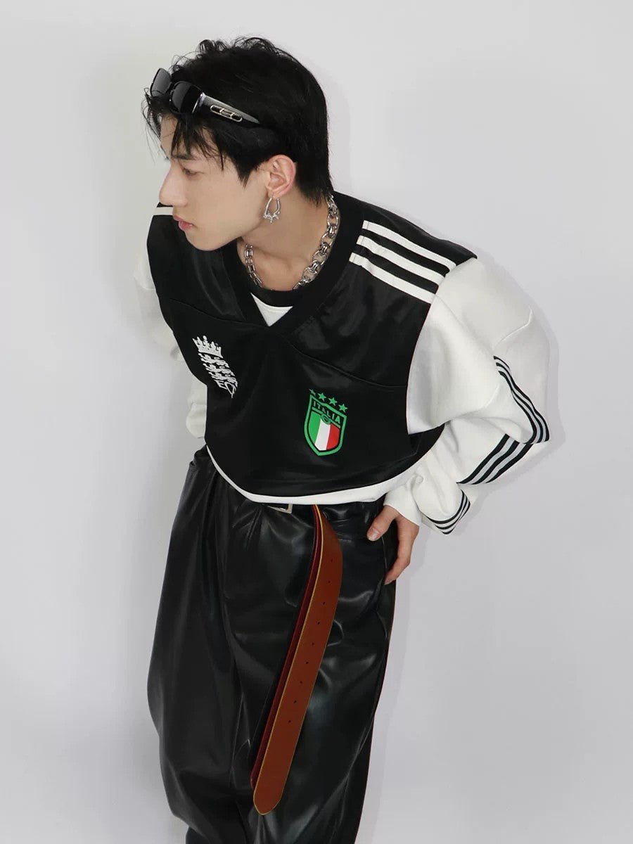 Detail of the premium cotton blend fabric and crewneck design