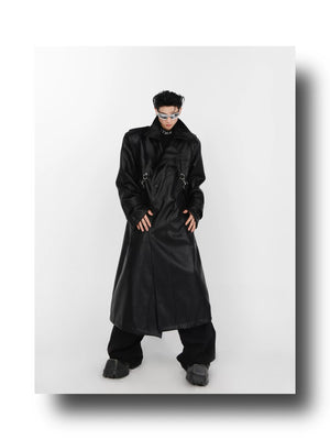 desc::padded-shoulder-pu-leather-trench-coat-with-metal-details-detail-img-1