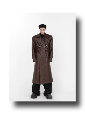 desc::padded-shoulder-pu-leather-trench-coat-with-metal-details-detail-img-3