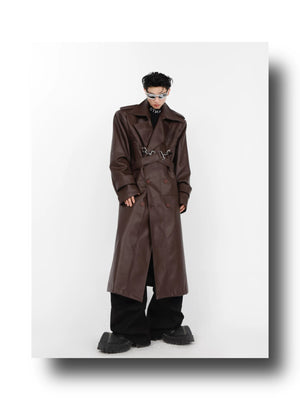 desc::padded-shoulder-pu-leather-trench-coat-with-metal-details-detail-img-5