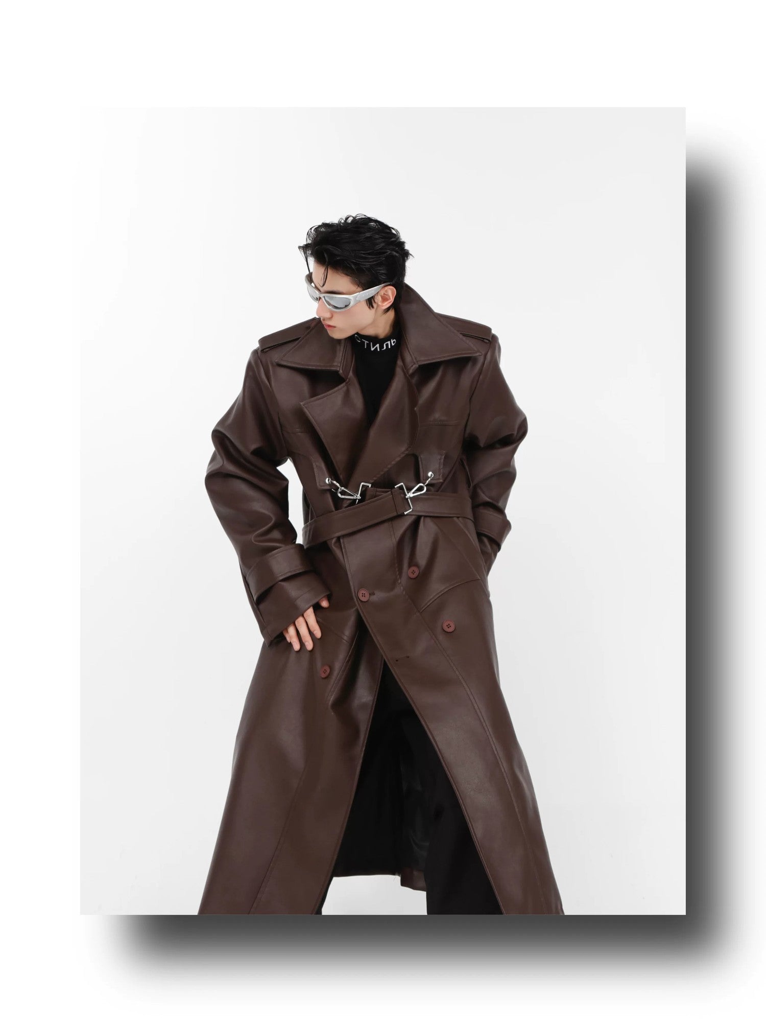 desc::padded-shoulder-pu-leather-trench-coat-with-metal-details-detail-img-6