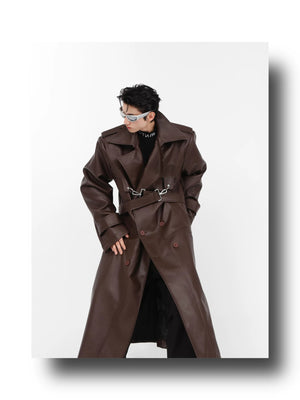 desc::padded-shoulder-pu-leather-trench-coat-with-metal-details-detail-img-6