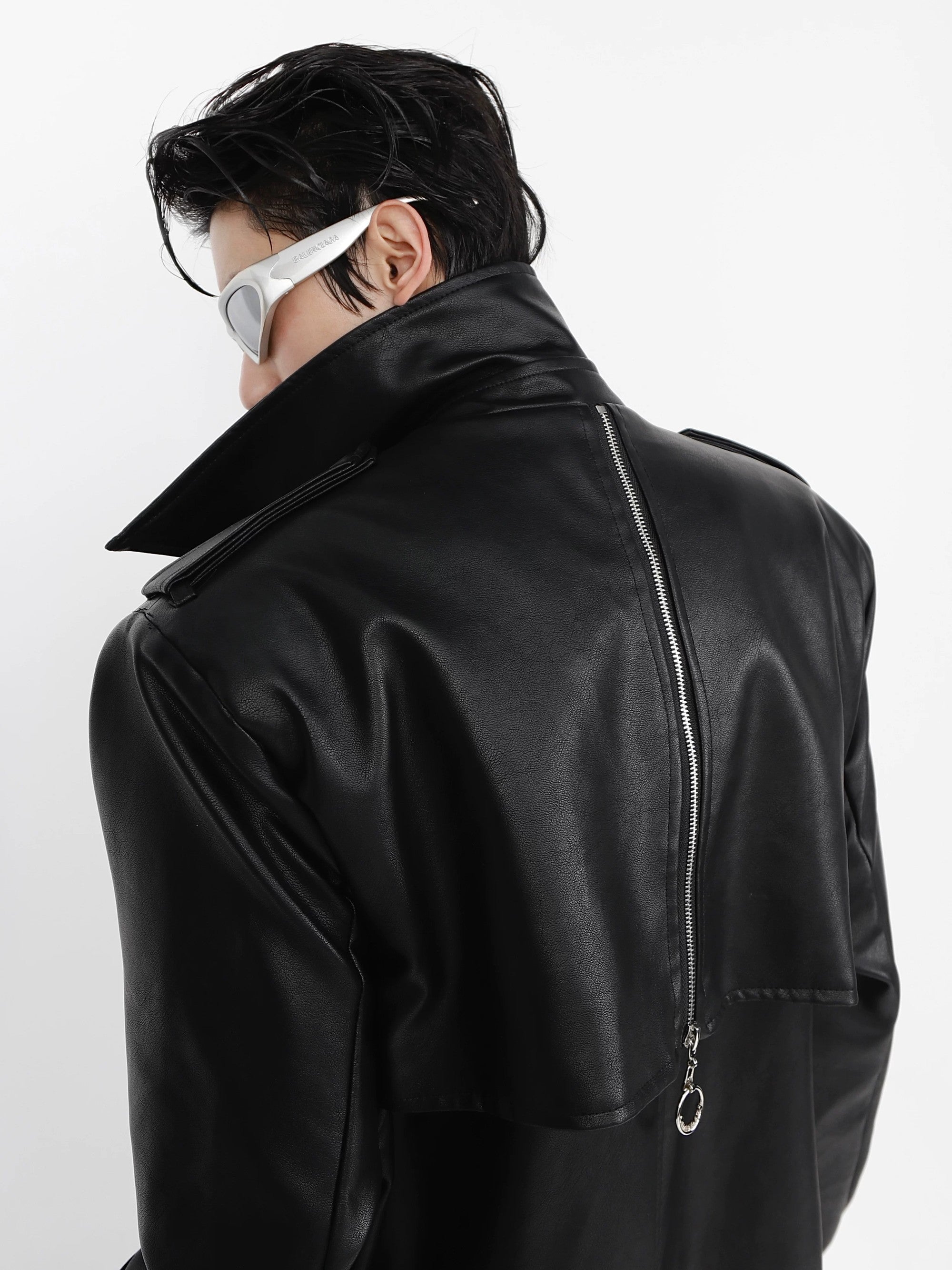 Back view of the structured padded shoulder design on leather coat
