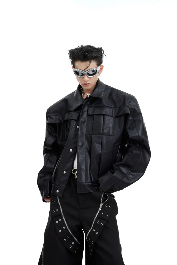 Padded Shoulder Short Faux Leather Jacket | High - End Unique Design Coat - ArguE CulturE