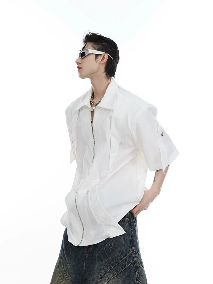 Padded Shoulder Short Sleeve Shirt with Split Metal Zip - Up Cardigan - ArguE CulturE