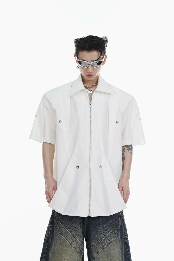 Padded Shoulder Short Sleeve Shirt with Split Metal Zip - Up Cardigan - ArguE CulturE