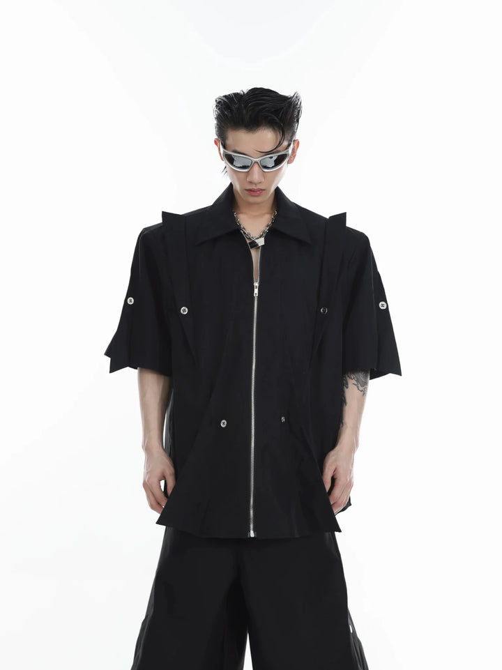 Padded Shoulder Short Sleeve Shirt with Split Metal Zip - Up Cardigan - ArguE CulturE