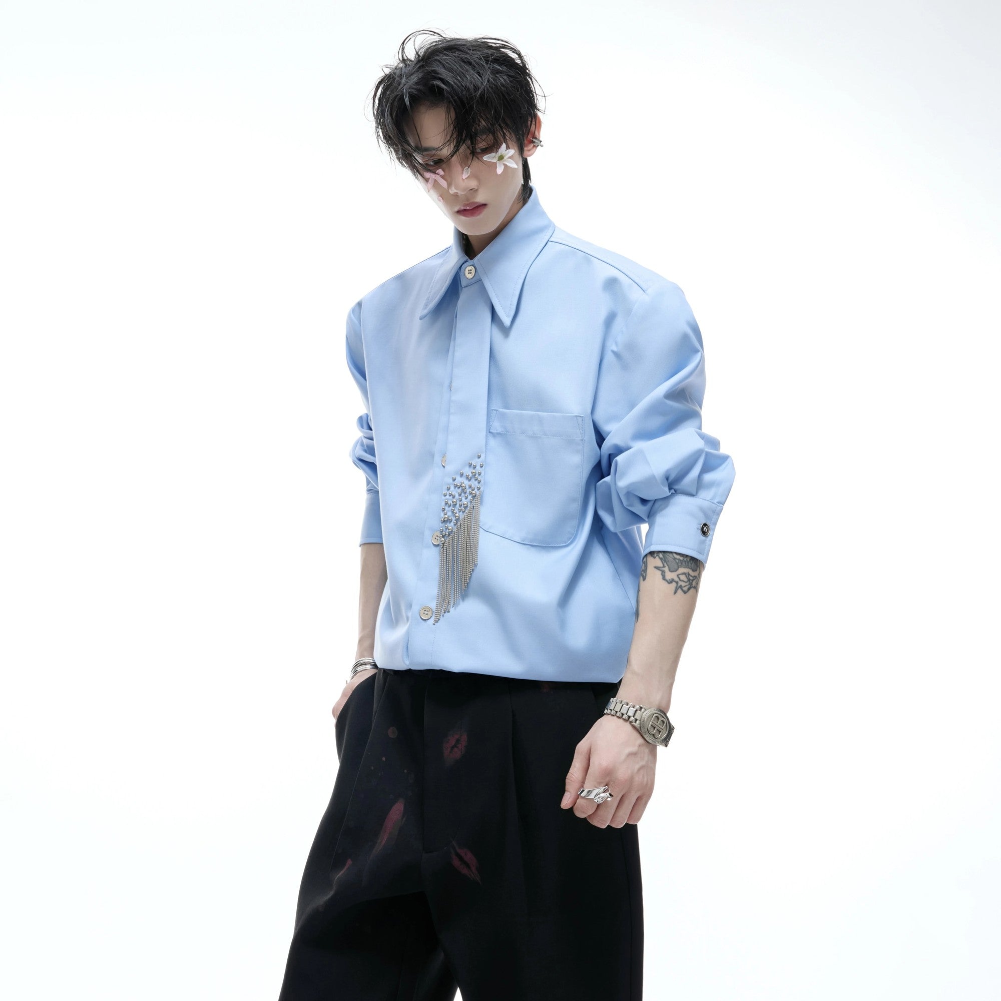 Back view of high-fashion loose fit streetwear shirt in blue