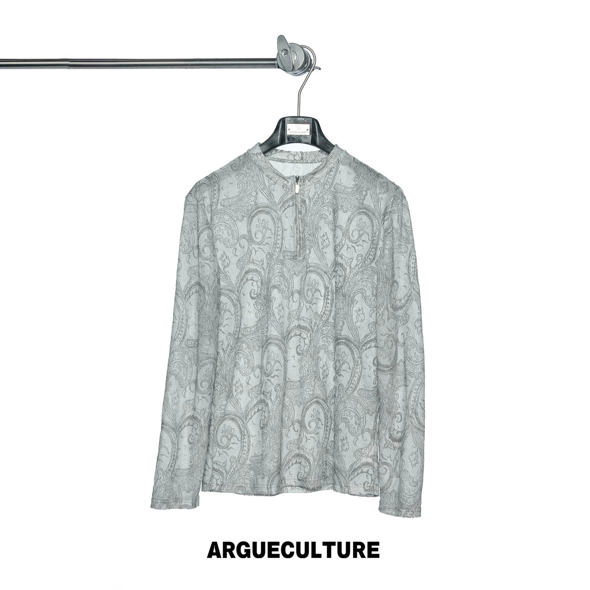 Paisley Half-Zip Long-Sleeve Mesh Overlay Top Gray - Gray