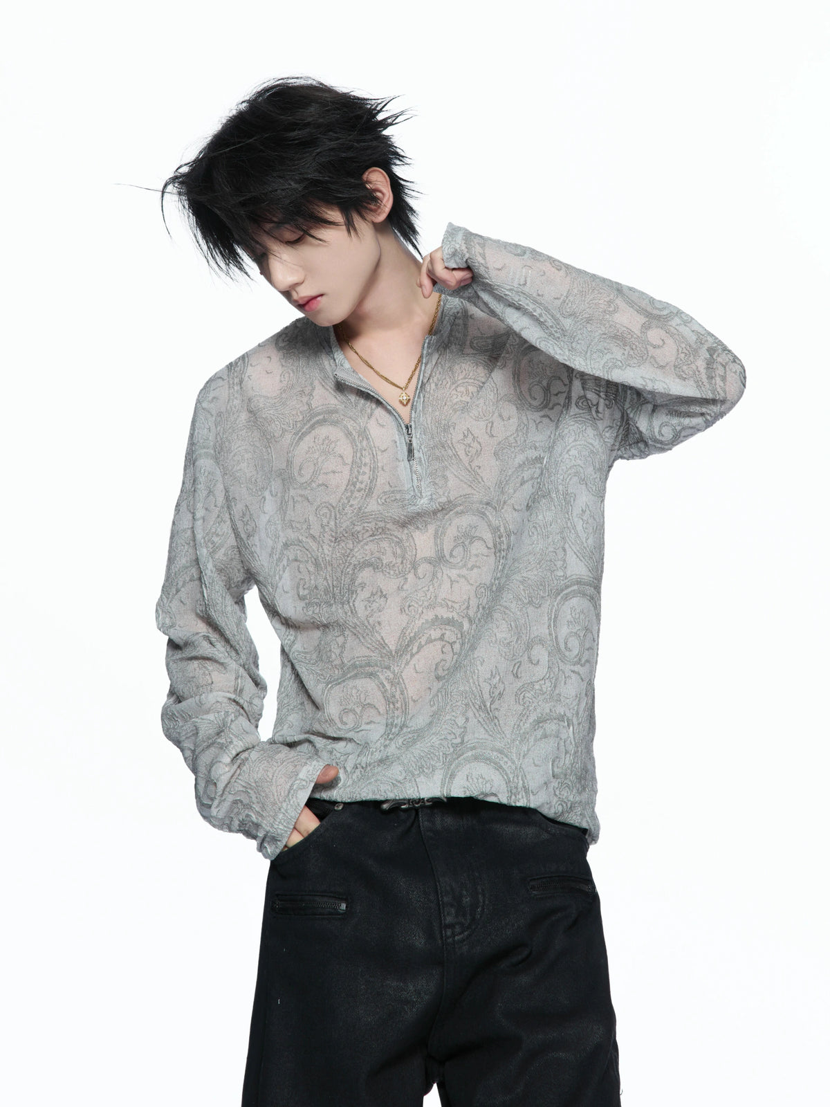 Paisley Half-Zip Long-Sleeve Mesh Overlay Top Gray - main image 1