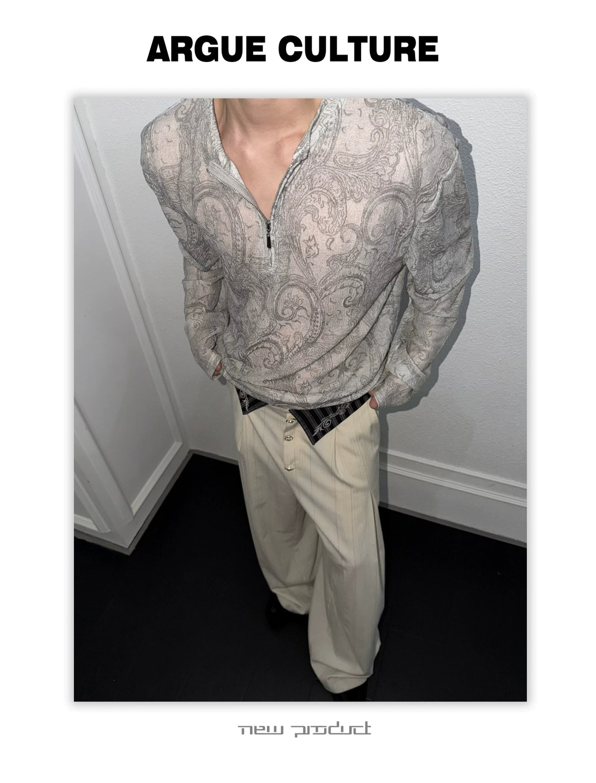 Paisley Half-Zip Long-Sleeve Mesh Overlay Top Gray - detail image 4
