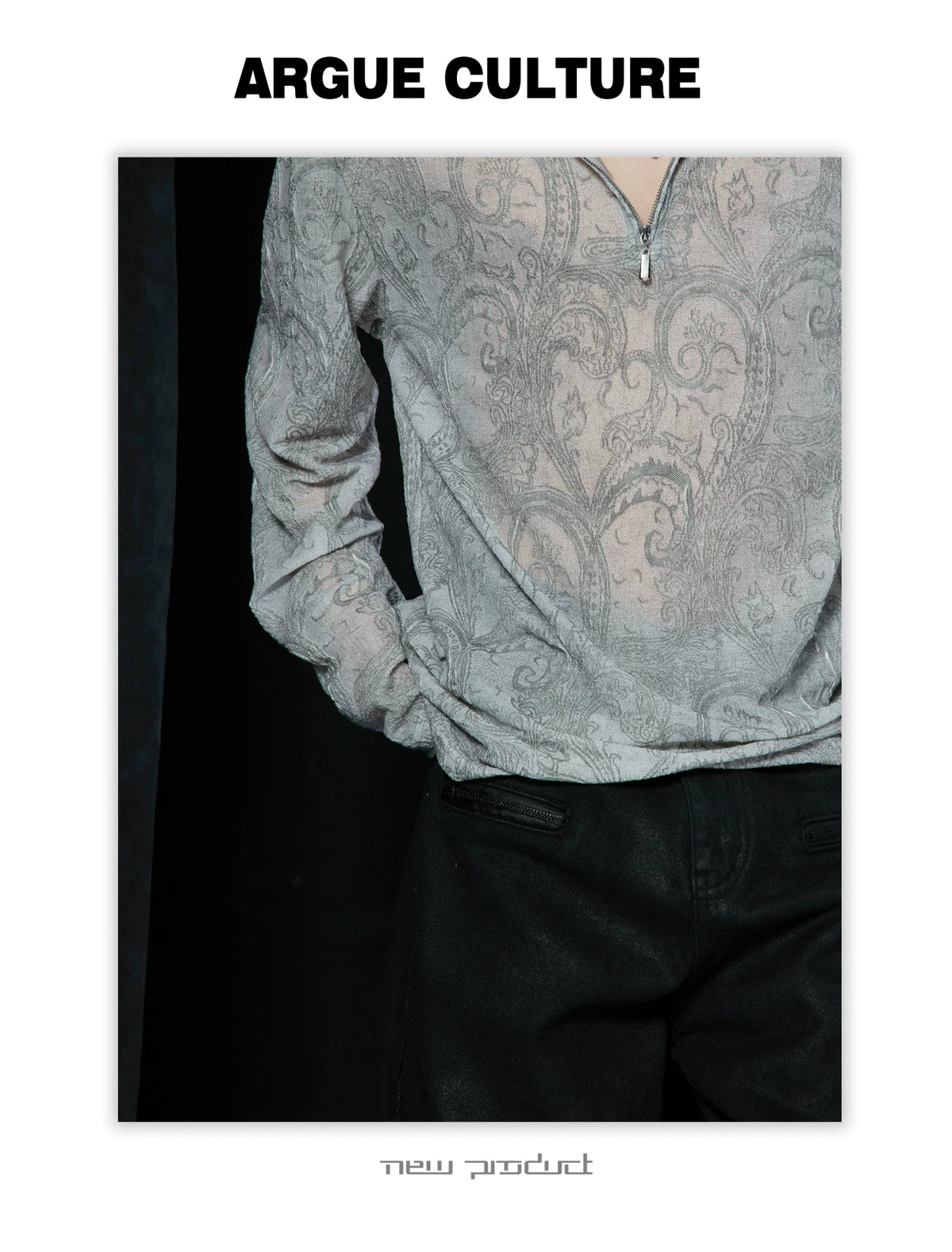 Paisley Half-Zip Long-Sleeve Mesh Overlay Top Gray - detail image 5