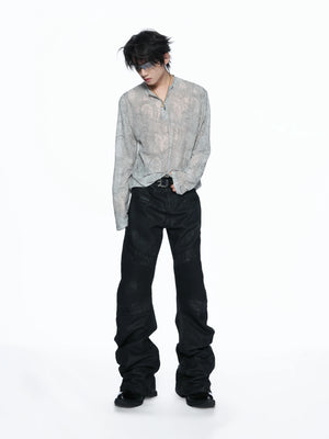 Paisley Half-Zip Long-Sleeve Mesh Overlay Top Gray - main image 5