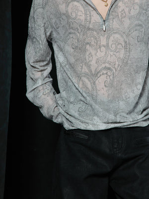 Paisley Half-Zip Long-Sleeve Mesh Overlay Top Gray - main image 2