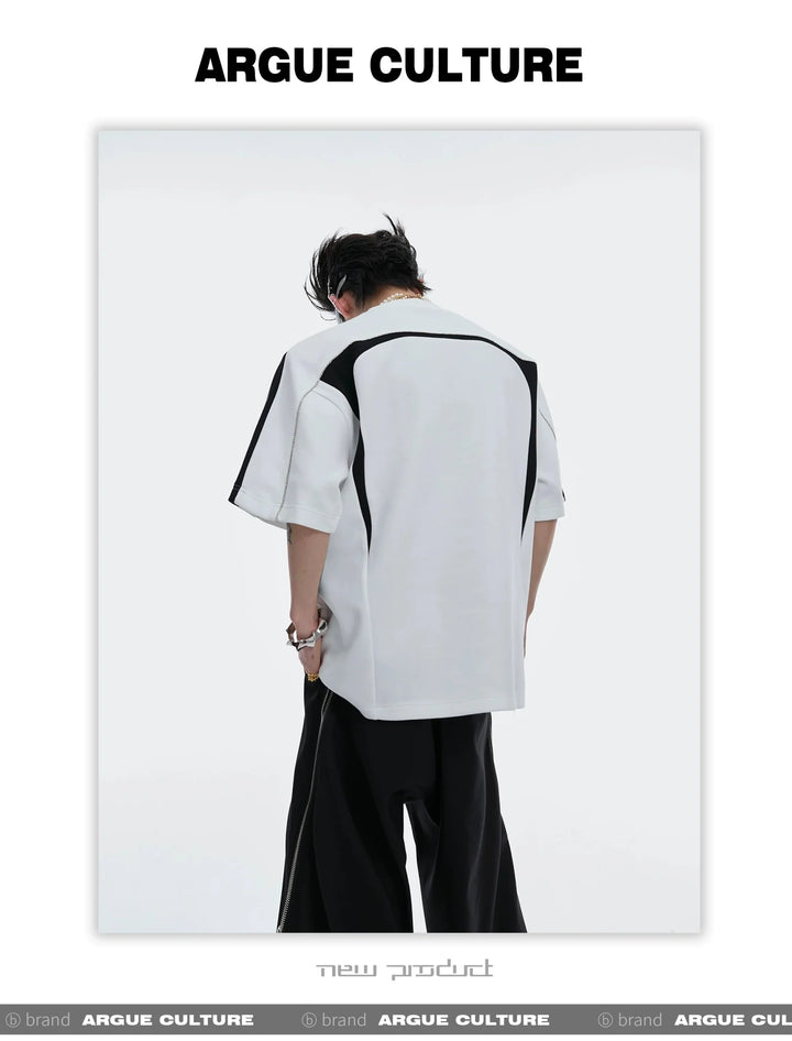 Patchwork Design Loose Fit T - Shirt with Removable Shoulder Pads - ArguE CulturE