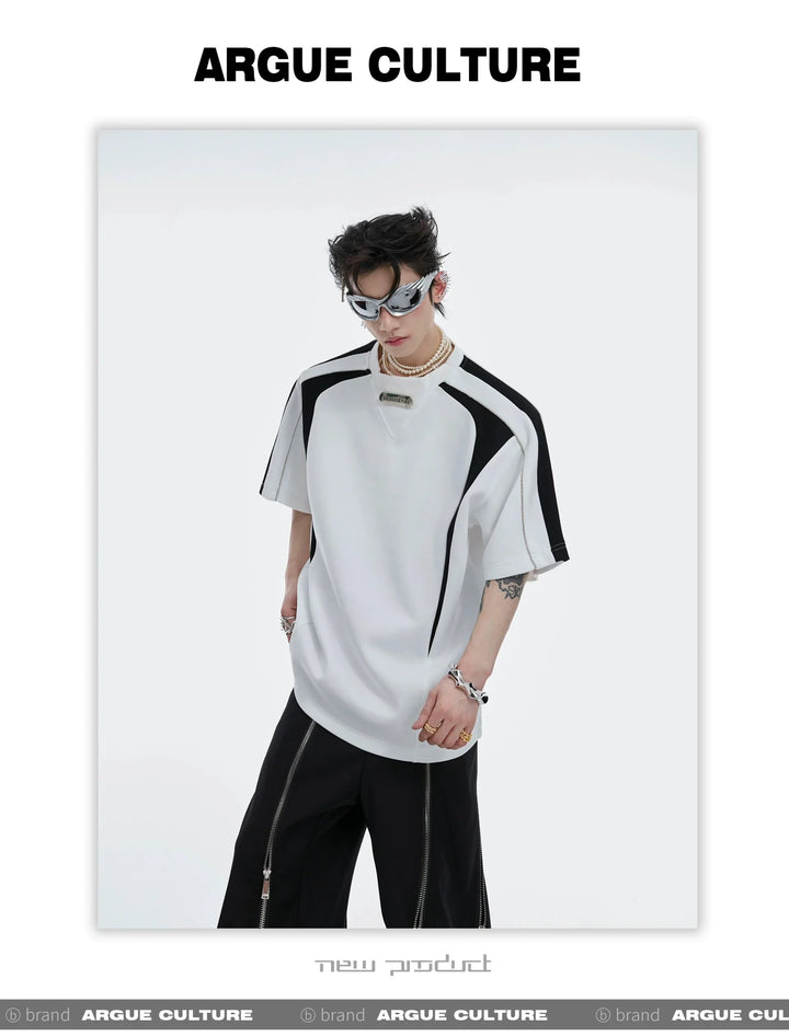 Patchwork Design Loose Fit T - Shirt with Removable Shoulder Pads - ArguE CulturE