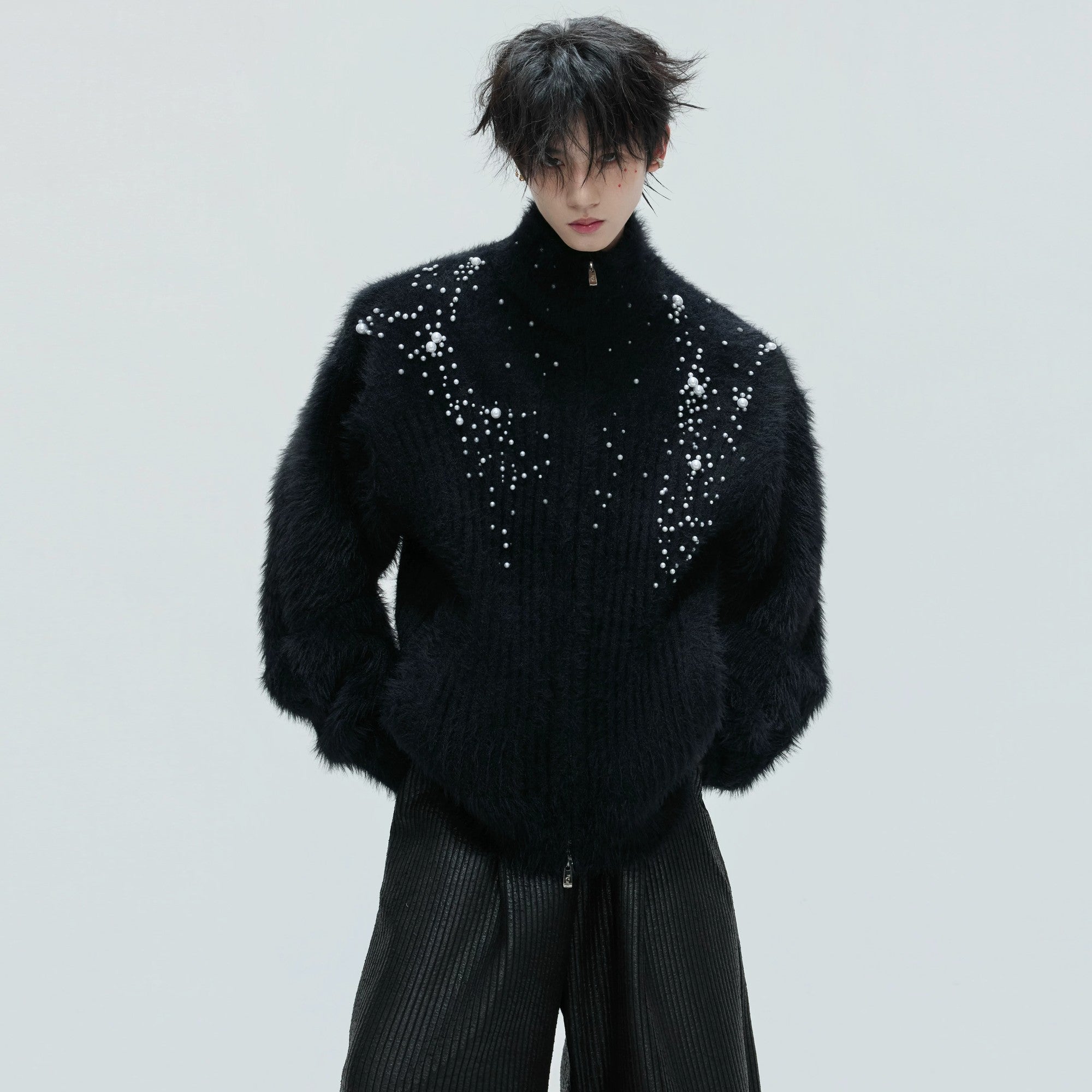 White high neck wool cardigan with pearl embellishments front view