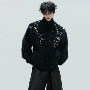 White high neck wool cardigan with pearl embellishments front view