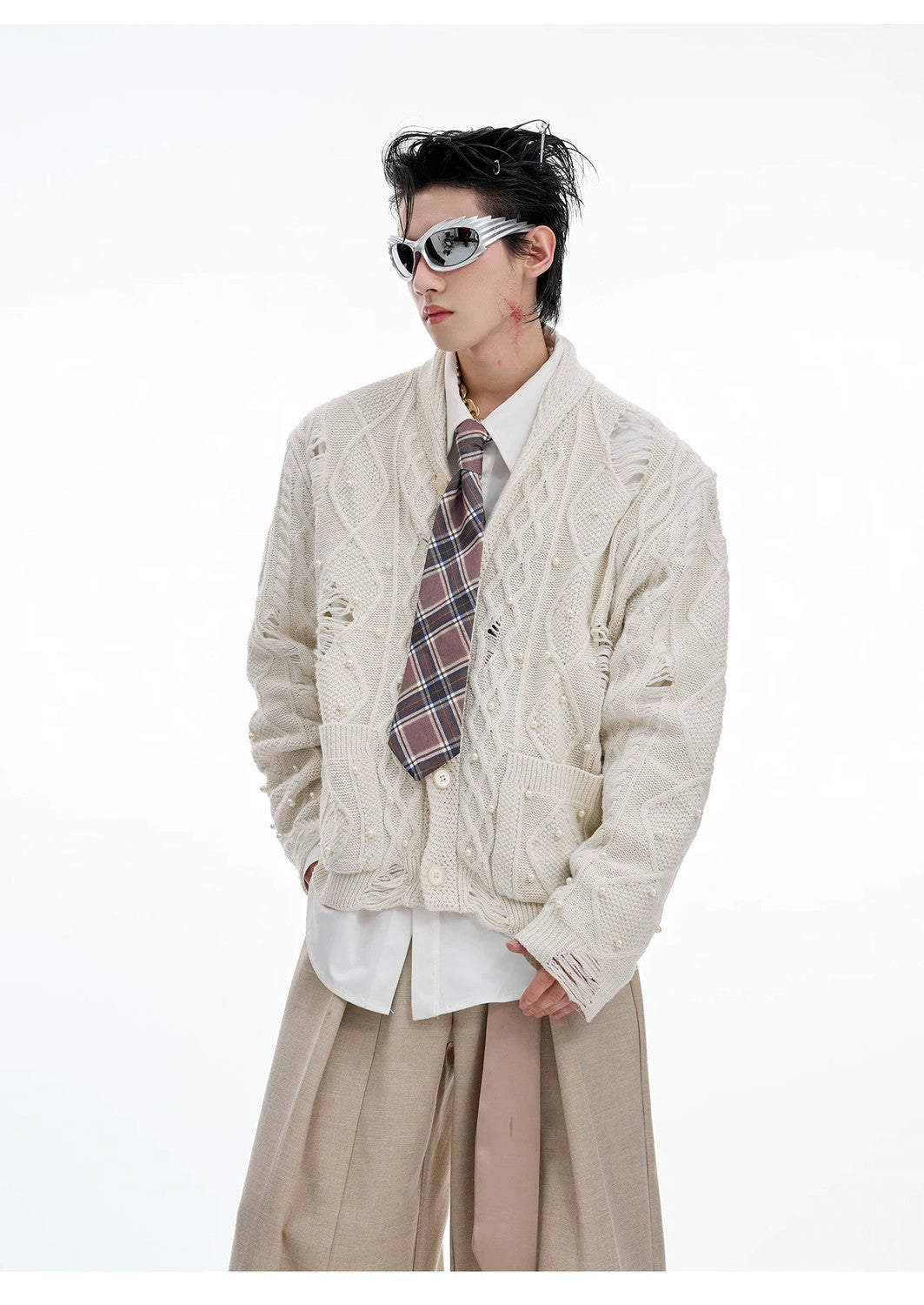 desc::pearl-distressed-knit-cardigan-streetwear-v-neck-sweater-detail-img-10