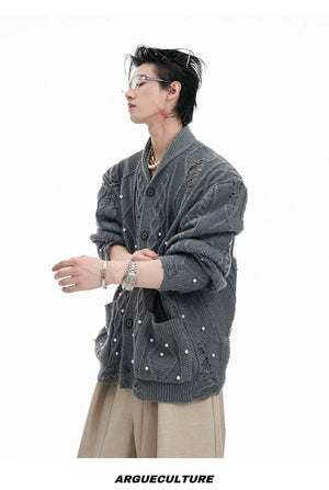 desc::pearl-distressed-knit-cardigan-streetwear-v-neck-sweater-detail-img-12