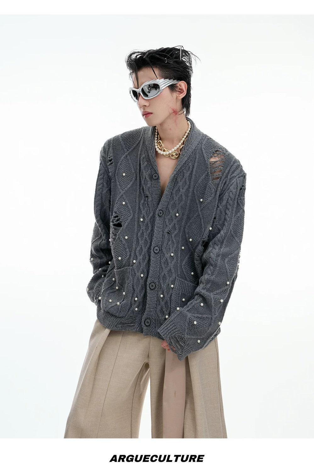 desc::pearl-distressed-knit-cardigan-streetwear-v-neck-sweater-detail-img-13