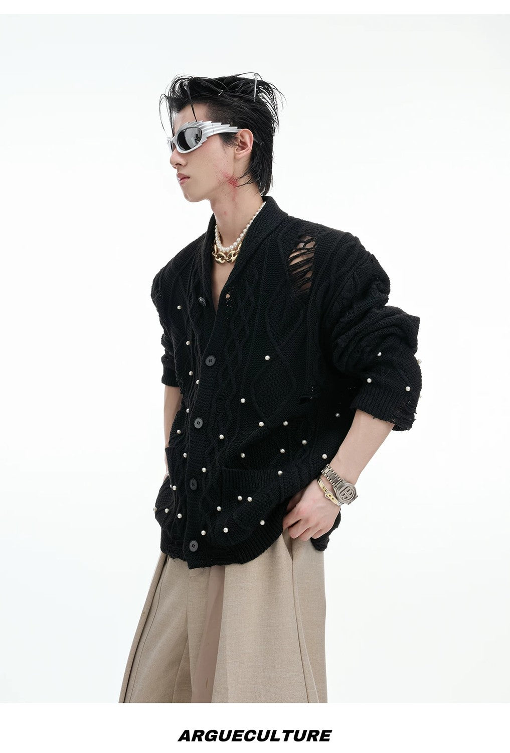 desc::pearl-distressed-knit-cardigan-streetwear-v-neck-sweater-detail-img-15