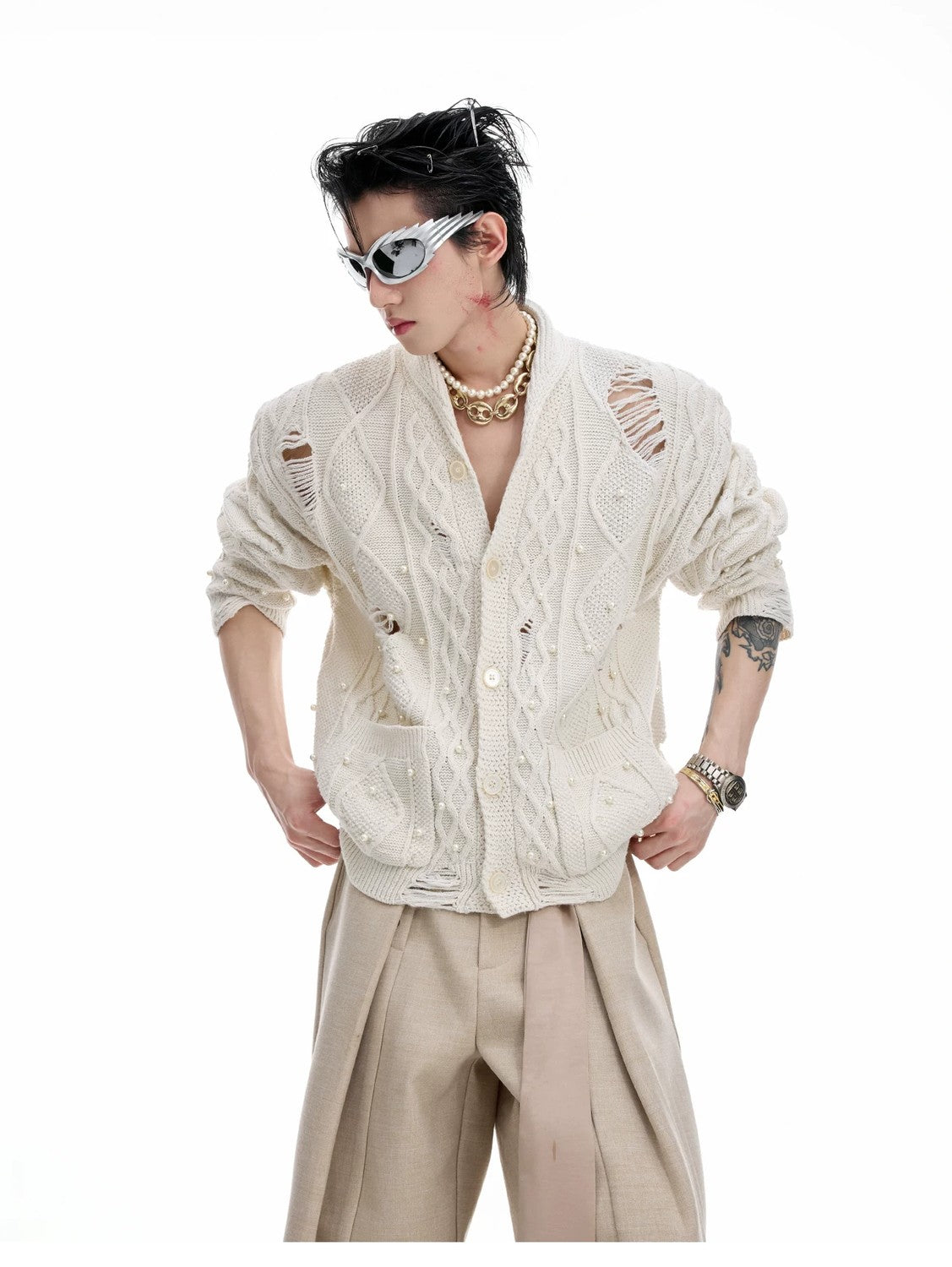 desc::pearl-distressed-knit-cardigan-streetwear-v-neck-sweater-detail-img-4