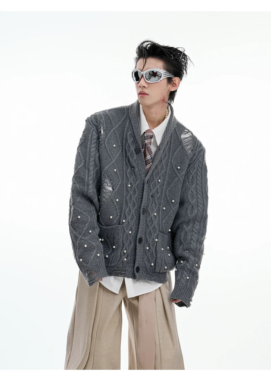 desc::pearl-distressed-knit-cardigan-streetwear-v-neck-sweater-detail-img-6