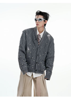 desc::pearl-distressed-knit-cardigan-streetwear-v-neck-sweater-detail-img-6