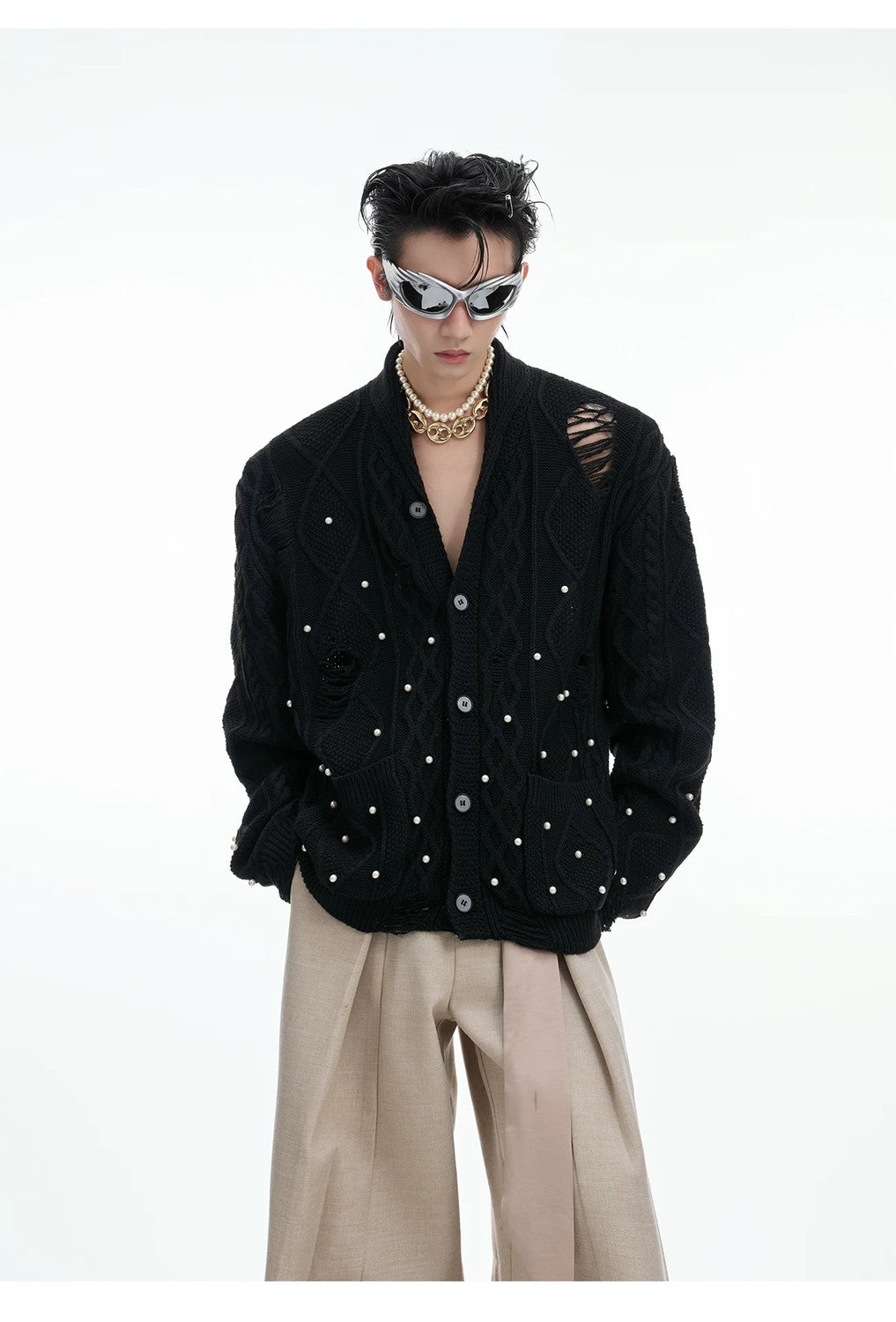 desc::pearl-distressed-knit-cardigan-streetwear-v-neck-sweater-detail-img-7