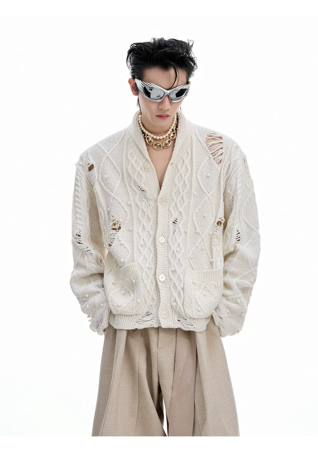 desc::pearl-distressed-knit-cardigan-streetwear-v-neck-sweater-detail-img-8