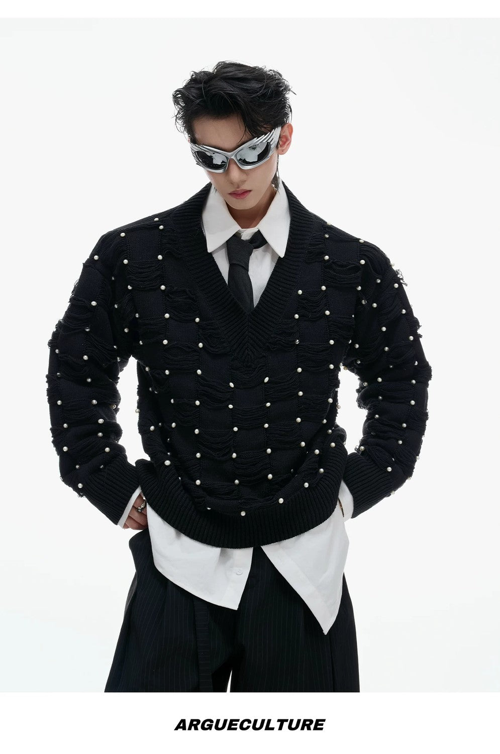 desc::pearl-embellished-v-neck-deconstructed-knit-sweater-detail-img-12