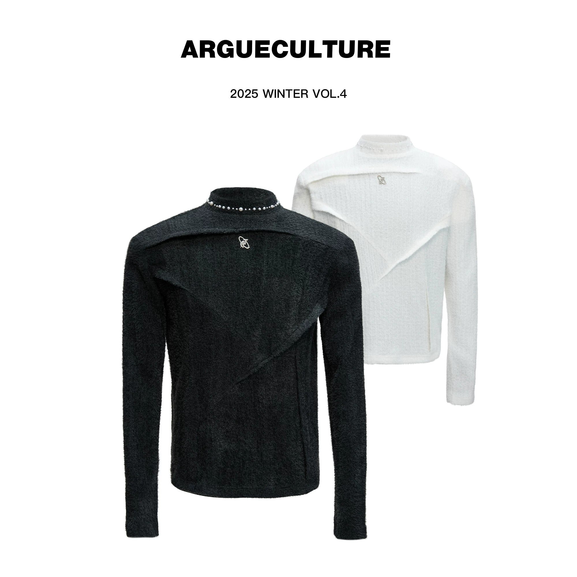 Slim fit black long sleeve tee with pearl detail on mock neck