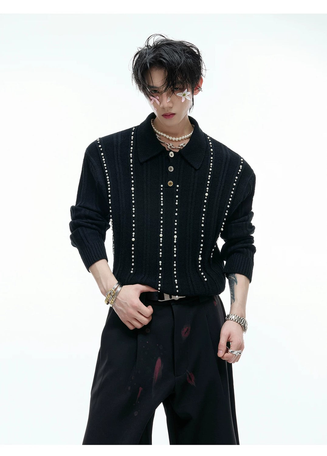 desc::pearl-rivet-ribbed-knit-polo-slim-fit-urban-long-sleeve-detail-img-6